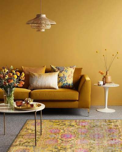 Create this trendy mustard yellow living room with yellow sofa, printed yellow cushions and rugs. Use flowers and vases in shades of yellow and orange. Choose coffee table and table decors in neutral shade to balance the yellow colour pallette.
#interior #decor #ideas #home #interiordesign #indian #colourful #decorshopping
