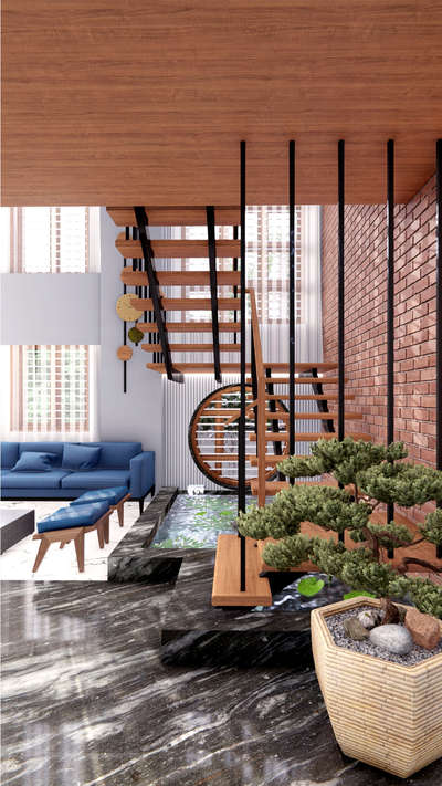 Double height living room interior 
Metao stairs with wooden ledge and indoor koi pond  #KeralaStyleHouse #LivingroomDesigns #InteriorDesigner #Architect 
#Kannur  #IndoorPlants #HomeDecor 
Design price included