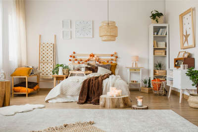 Create an aesthetic and comfortable space with decorative pillows and throw blankets in the bedroom and layer autumn orange, brown and neutral tones into bed linens. Add light to your room with pendant light, table lamp and candle lights. Use natural planters like wooden and jute planter to complete the look.
#interior #decor #ideas #home #interiordesign #indian #colourful #decorshopping