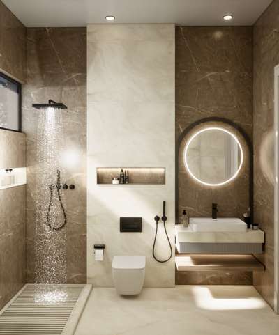 Modern washroom design  beige and brown nexion tiles minimal look 
# bairwaarchitects #rendering