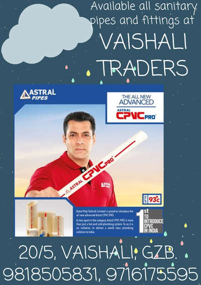 A complete range of cpvc pipe and fittings, pvc pipe and fittings, cp fittings, ceramic tiles and bath accessories like Toilet seats, washbasin, mirrors, bath fittings and accessories, vanity are available At Vaishali Traders