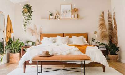 Get this chic boho bedroom with yellow-ochre accents. Wood pampas grass, linen fabrics, and jute planters are natural elements that make any room feel warm by their rustic appeal.
#interior #decor #ideas #home #interiordesign #indian #colourful #decorshopping