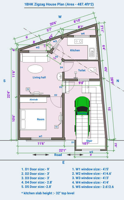 1BHK Zigzag House plan (Area :- 487.4 ft*2)
