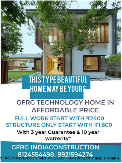 4 DIFFERENT TECHNOLOGY  BOOKING STARTED 2023 March 

Our residential specifications are 

1. LGSF TECHNOLOGY (STRUCTURE ONLY start with 950 per SqFt, FULL work 1850 per SqFt) 

2. SOLID CEMENT BLOCK (STRUCTURE ONLY start with 1150 per SqFt, FULL WORK Start with 1950 per SqFt)

3. GFRG TECHNOLOGY (STRUCTURE ONLY start with 1400 per SqFt, FULL work 2200 per SqFt) 

4. GFRC TECHNOLOGY (STRUCTURE ONLY start with 1600 per SqFt, FULL work 2600 per SqFt) 

For More Details : 8124554498, 8921594274

https://wa.me/918124554498?text=ACCURATE%20BOOKING%20MARCH2022

https://wa.me/918921594274?text=ACCURATE%20BOOKING%20MARCH2022

https://www.facebook.com/accurateconstructionkerala/