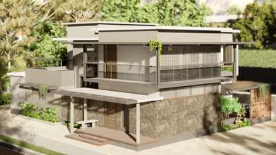 This 4bhk home is designed with a modern architectural language that seamlessly blends into the natural landscape. The structure emphasizes clean lines, layered massing, and organic textures like natural stone, wood, and perforated screens, creating an environment that is both sophisticated and grounded.

 #ProposedResidential  #3dhouse #interriordesign #exteriorrendering  #render3d