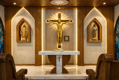 Modern Catholic Church Altar Design | Warm Wood & Golden Crucifix Concept ✨
 #church #cross  #prayercorners  # #church3d  #churchkerala  #churchdesigns