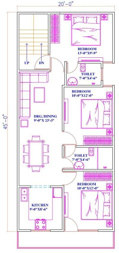 Sketch plan of 20'x45'
3bhk