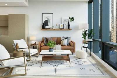 Get this look with these items: A leather couch, a pouf, a central coffee table with storage below, a black and white rug, a tripod lamp, planters and large wall frames.
#interior #decor #ideas #home #interiordesign #indian #colourful #decorshopping