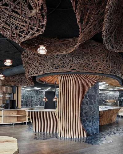 STK Restaurant in Olomouc, Czech Republic
Architects: Komplits
Principal Architect: Pavel Kříž
Year: 2019
Carpet area: 320 Sqm (3450 Sft)

Materials:
Basalt | kitchen floor
Oak | restaurant floor
Oak | tables
Willow branches | weaves
Cowhide | dropped ceiling
Steel tubes | tables
Rebars
Plants
Steel + brass | bulls


#worldarchitecture #interiordesign #architecture #decor #furniture #luxury #designer #handmade #inspiration #furnituredesign #style #designinspiration #wallpanel #sustainable #indoorplant #ShibariLight #restaurant #organic #organicinterior #greeninterior #organicdesign