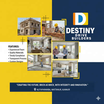Destiny Drive Builders: Where your dream home becomes a reality. Our packages start from just ₹1200/sqft (from foundation to plastering).

We also offer comprehensive packages to meet every need:

Basic Package: ₹1950/sqft

Other packages: ₹2100/sqft, ₹2200/sqft, ₹2350/sqft
#DestinyDriveBuilders (Your branded hashtag)

#BuildingDreams

#NewHomeConstruction

#QualityConstruction

#HomeBuilders

#BuildingTheFuture

#ConstructionCompany
#FromFoundationToFinish

#FoundationToPlastering

#HouseBuilding

#ResidentialConstruction

#BuildingYourVision

#ProjectProgress

#SiteLife
#Kannur