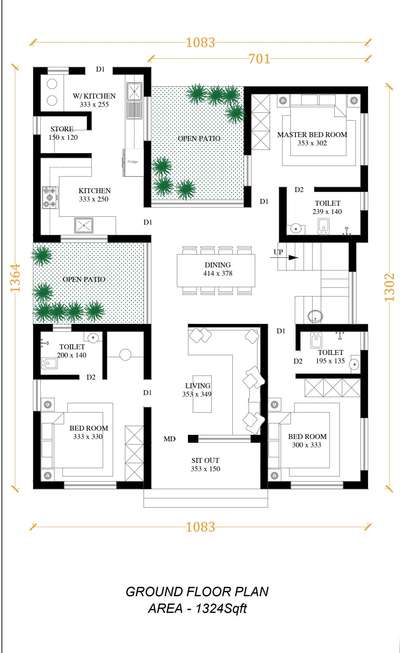 3BHK House with North entry #FloorPlans  #NorthFacingPlan  #courtyard