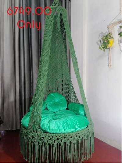 33 inch Macrame swing chair
Hight 6.5 ft
Capacity Up to 130 Kg
Green colour
+ Cushion and three pillows
 #InteriorDesigner  #chair  #swingchair  #swing