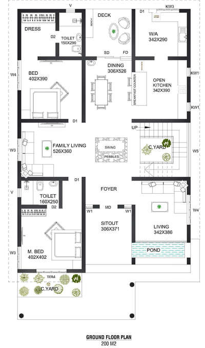 3000 sqft #vasthuplan #SouthFacingPlan #courtyardhouse #pond #pebbles #3BHKHouse #familylivingroom