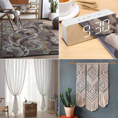 Take a look at this offwhite and gray moodboard curated for you. Add a decorative gray rug that spans the living room, with floor length breezy sheer white curtains. Go for sleek wooden furniture, top it with a minimalistic digital table clock and adorn the walls with macrame wall hanging in an offwhite shade.
#interior #decor #ideas #home #interiordesign #indian #colourful 
#decorshopping