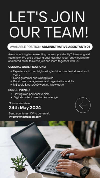 If you are interested and fulfilling the criteria then apply to us.

#job #jobposting #jobpost #jobsearch #civil #interiordesign #interior #architecture #administrative #administrativeassistant #administrativeprofessional #secretary #personalassistant #aid #officejob #delhi #delhincrjobs #delhijobs #avminfratech #assistant #autocad #microsoftoffice #management #organisation