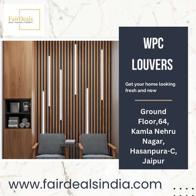 WPC Louvers bring a modern, stylish look to compact spaces, providing a sleek and clean finish that works well with various interior designs.

Contact Us For More Details :- FairDeals Jaipur 
#fairdeals #fairdealsjaipur #louvers #InteriorDesigner #interiordesign #interiordecorator, #interiorcontractor #Architect #architecturedesigns #Architectural&Interior #jaipur #jaipurinteriordesigner #jaipurarchitecture #interior_designer_in_rajasthan #rajasthandiaries #jaipurdiaries #wpcpanels #wpclouvers #pvclouvers #PVCFalseCeiling #WallDecors #pvcceiling #ceilingdesign #HomeDecor #homedecoration #villadesign #apartmentinterior #viralkolo #trendingdesign
