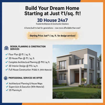 🏡 Build Your Dream Home at an Affordable Price!
✔️ Floor Plan @ ₹1 / sq. ft.
✔️ 3D House Plan @ ₹1 / sq. ft.
✔️ 3D Elevation @ ₹1 / sq. ft.
✔️ Complete Architectural Planning @ ₹10 / sq. ft.
✔️ 3D Interior Design @ ₹15 / sq. ft.
✔️ House Construction @ ₹1500 / sq. ft.
✨ Experts in House, Bungalow, Apartment, Shop, School & Commercial Designs
👉 View Our Work:
🌐 www.3dhouse.co.in

3D House 24x7 – Trusted Architecture & Design Solutions