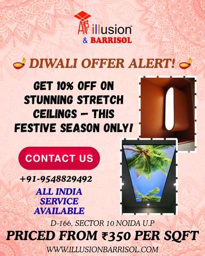 🪔 This Diwali, let's think beyond the floor decorations!
What if your ceiling could be the showstopper? Imagine guests walking in and looking up in awe at a serene sky or a stunning design right above them.
We're making it happen with 10% OFF on our stretch ceilings – because your home deserves that festive glow, inside and out! ✨
Starting at just ₹350/sqft | Limited period offer ⏰
Ready to transform your space? 
Give us a call – we're here to help, wherever you are in India! 🇮🇳
#DiwaliSpecial #StretchCeilings #HomeDecor #InteriorMagic #IllusionBarrisol #FestivalOffers #DiwaliVibes #HomeTransformation #DiwaliDecor  #CeilingDesign #HomeRenovation #LuxuryInteriors #QuickInstallation #FestiveOffer#InteriorDesign  #NoidaInteriors #DelhiNCR #HomeDecor #CeilingDesign #FestiveDecor #DiwaliShopping #ModernHome #InteriorInspo #LuxuryInteriors #HomeMakeover #Diwali2025 #IndianHomes #interiorgoals