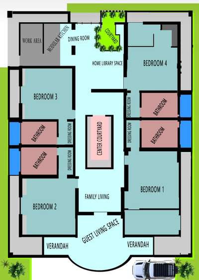 4800 sqft Design plan 
#Familyhome 

4 Bedrooms(attached bathroom with individual pools, Dressing room, Personal outer verandah with one side Glass Wall), Guest Living Room with Open Front View, Family Living,Center Courtyard, Home Library, Modular Kitchen open to Dining,Green Courtyard, Work Area. 
> Prayer Room Outside.
5 Car Parking.

Total Plot Area : 23.5 Cents