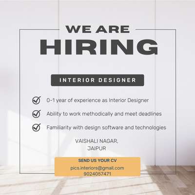 Requirment for an Architect and interior designer.
Fresher's can also apply.