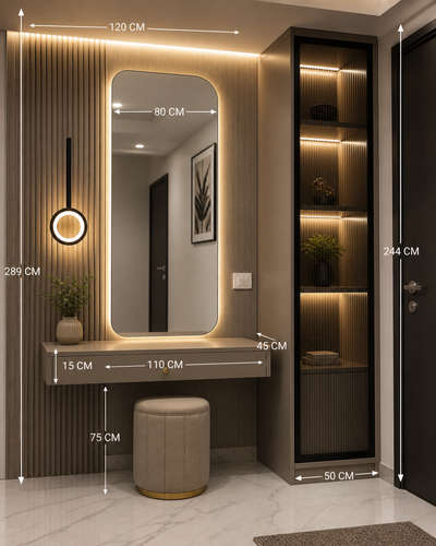 Luxury Wardrobe Design with Study Table | Modern Bedroom Interior Measurements (CM) | Space Saving Design

Description:
Looking for a smart and luxury bedroom wardrobe design with study setup? ✨

This redesigned premium bedroom concept features:
✔ Large wardrobe with practical storage
✔ Attached study table setup
✔ Open display shelves with warm LED lights
✔ Premium wood + cream finish
✔ False ceiling lighting
✔ Clean measurement layout in CM for easy execution

📏 Cutting List (Approx. in CM):
• Total Room Height: 305 CM
• Ceiling Drop: 15 CM
• Wardrobe Height: 210 CM
• Loft Height: 60 CM
• Wardrobe Width: 180 CM
• Study Table Width: 120 CM
• Side Shelf Depth: 45 CM