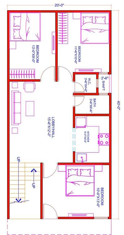 sketch plane of 20'-0"X40'-0".(3bhk)