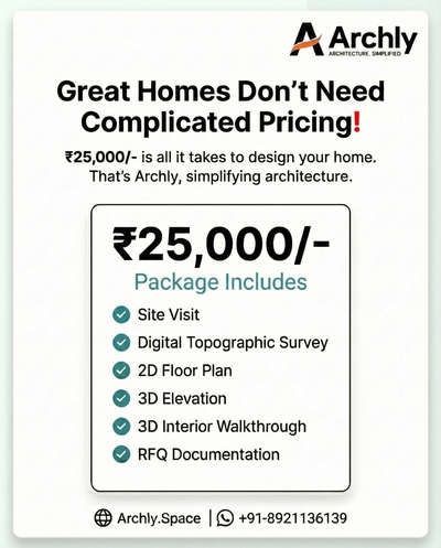 At Archly, we keep your home designing process simple and transparent. For a fixed fee of ₹25,000, we provide a complete professional design package that includes a site visit, digital topographic survey, detailed 2D floor plans, 3D elevation design, 3D interior walkthrough, and RFQ documentation.

If you are planning to build a home in or around Ernakulam or Thrissur, we would be happy to connect and discuss your requirements.

Shihab Mohammed
Senior Design Consultant
Archly | Simplifying Architecture
Thrissur | Ernakulam
https://archly.space

#architectureldesigns
#homedesigning
#FloorPlans
#3Delevation
