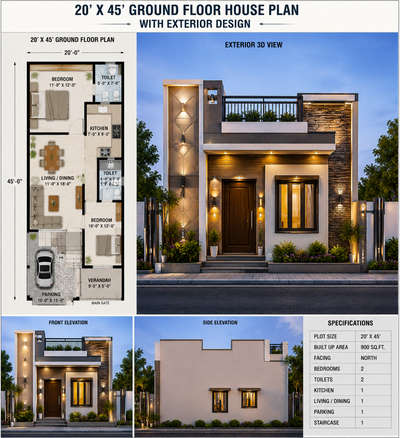 20x45 house designing plan front elevation side elevation 3DS Max software use very lighting