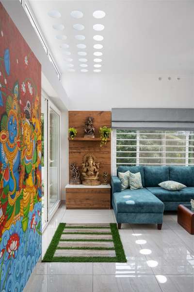 Living room with pooja space..
 #naturallighting  #muralpainting  #pooja