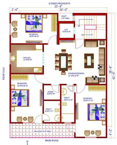 Sketch plan of 30'x38'9" (3bhk)