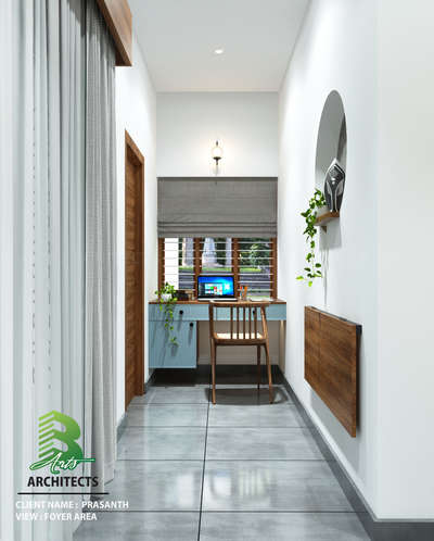 Compact foyer workspace: gray tiled floor, white walls, wooden chair at a blue desk with laptop 🌿, gray Roman blinds over window, wall-mounted wood shelf & hanging plants, sconce light .

client :  Prasanth
Area   :  Foyer Area