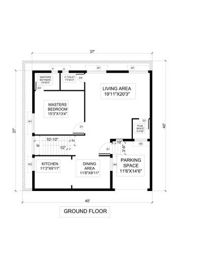 East facing floor plan as per vastu shastra and building bye laws.  #Vastushastra  #buildingrules  #groundfloorplan  #EastFacingPlan  #setback   #FloorPlans  #MasterBedroom  #OpenKitchnen