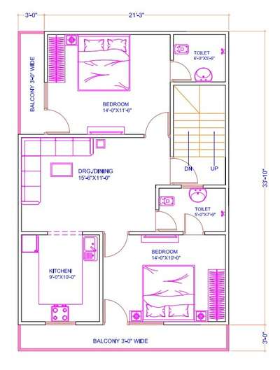 sketch plan of 21'x34'
2 bhk