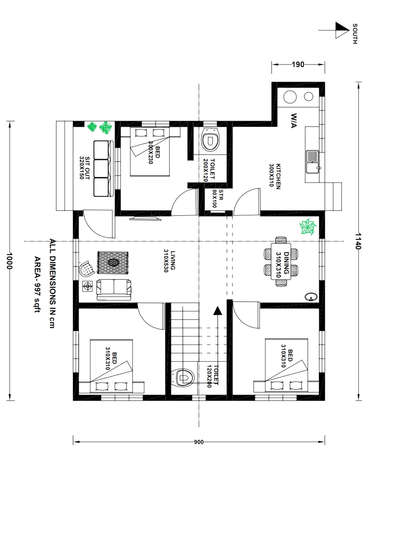 3BHK house plan .1000sqft.