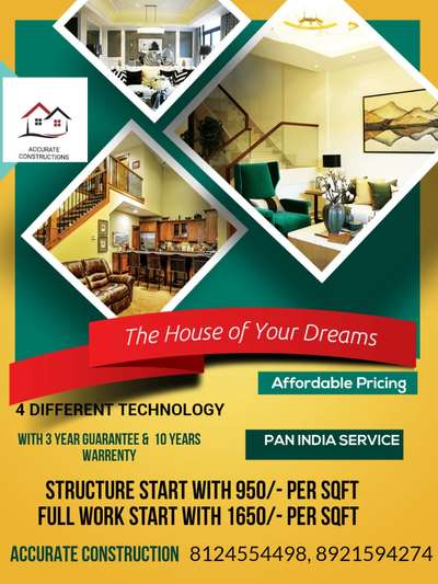 4 DIFFERENT TECHNOLOGY  BOOKING STARTED

Our residential specifications are 

1. LGSF TECHNOLOGY (STRUCTURE ONLY start with 950 per SqFt, FULL work 1650 per SqFt) 

2. SOLID CEMENT BLOCK ( FULL WORK Start with 1750 per SqFt, STRUCTURE ONLY start with 1050 per SqFt) 

3. GFRG TECHNOLOGY (STRUCTURE ONLY start with 1300 per SqFt, FULL work 2050 per SqFt) 

4. GFRC TECHNOLOGY (STRUCTURE ONLY start with 1600 per SqFt, FULL work 2500 per SqFt) 

For More Details : 8124554498, 8921594274

https://wa.me/918124554498?text=DIWALI%20BOOKING%20OCTOBER2022

https://wa.me/918921594274?text=DIWALI%20BOOKING%20OCTOBER2022

https://www.facebook.com/accurateconstructionkerala/