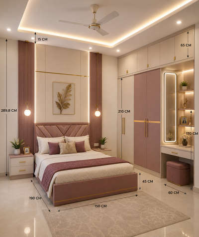 🔥 Premium Bedroom Interior Design with Measurements (CM) | Space-Smart Luxury Setup

━━━━━━━━━━━━━━━━━━━
✨ Want a modern luxury bedroom with perfect measurements?
This design helps you create a premium, well-balanced bedroom layout with practical dimensions 👇

━━━━━━━━━━━━━━━━━━━
✔️ Key Features:
• Soft pastel theme with elegant wardrobe design
• Full-height storage with panel detailing
• Comfortable bed placement with side tables
• Cove ceiling with warm LED lighting
• Mirror + dressing integration
• Clean and spacious South Indian premium look

━━━━━━━━━━━━━━━━━━━
📏 Why Measurements Matter?
✔️ Perfect furniture placement
✔️ Smooth execution on site
✔️ Balanced spacing & walking area
✔️ No design mistakes

━━━━━━━━━━━━━━━━━━━
📐 Cutting List (Approx. in CM):
• Total Room Height: 289.8
• Ceiling Drop: 15
• Wardrobe Height: 210
• Loft Height: 65
• Bed Size: 190 × 150
• Wardrobe Depth: 60

━━━━━━━━━━━━━━━━━━━
✔️ We specialize in:
• Modular Kitchen
• Wardrobe
• TV Cabinet
• Wall Paneli