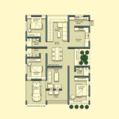 A 3 bhk layout that makes effective use of each square feet. This has 3 bedrooms with attached bathrooms, a dining with a large bay window on one side. a family living, kitchen work area and a porch. Total area of the plan is 1575 sqft. #architecturedesign #3bhk #floorplan #architectureinspiration