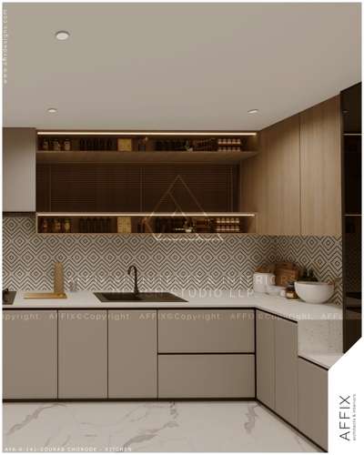 A modern kitchen defined by clean lines, warm wood finishes, and a soft neutral palette. Matte cabinetry pairs with a patterned backsplash and seamless quartz countertops, while open shelving with integrated lighting adds depth and functionality. Recessed ceiling lights and warm under-cabinet illumination enhance the materials, creating a refined, efficient space that balances aesthetics with everyday practicality. #Architect  #architecturedesigns  #Architectural&Interior  #architectsinkerala  #kerala_architecture  #best_architect  #ModularKitchen