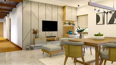 Informal living Cum Dining space…  #LivingroomDesigns  #tvpanel  #diningroomdecor  #InteriorDesigner  #KitchenInterior  #Architectural&Interior  #facadedesign  #best3ddesinger  #Kollam  #buildersinkerala  # #Residencedesign