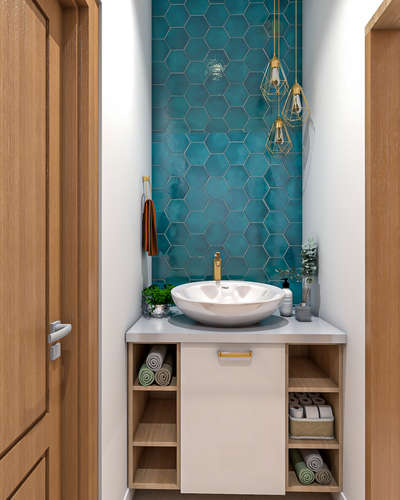 wash area. Bright blue and golden elements makes this place more elegant and luxurious. 

#washareacounter #washarea #washbasin #walltiles #hexagontile #designertiles #GOLDEN #goldenshade #washarea3ddesigns #luxurywashroom #lighting