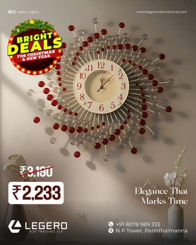A timeless wall clock that adds elegance to any space.

Now available at a festive offer price of ₹2,233— a perfect blend of style, value, and classic charm.

 #LegeroLights#BrightDeals
#ChristmasNewYearOffer