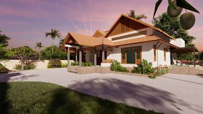 The home is inspired by Kerala’s traditional architecture, featuring pitched terracotta roofs, wooden gables, stone plinths, and shaded verandahs. Designed for natural light and ventilation, it responds thoughtfully to the local climate. Using earthy tones and materials like clay tiles, laterite, and timber, the house blends beautifully with its tropical setting. It’s a modern take on Kerala’s timeless, sustainable, and grounded architectural values.
 #vernaculardesign  #sustainableliving  #climateresponsive