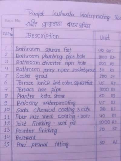 *Ranjeet Kushwaha water proofing *
1 Bathroom square feet 45rs