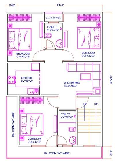 sketch plan of 21'x34'
3 bhk