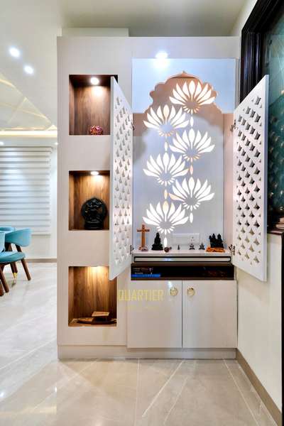 Dining area with mandir 
#mandir #mandirdesign #DiningChairs #DiningTable #diningarea #InteriorDesigner #DINING_TABLE #laminatedplywood #mandirshutter #cncwoodworking