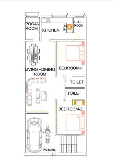 House plan with 2rooms, one pooja room, kitchen, dining &living room and parking