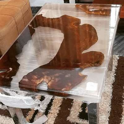 transparent epoxy wooden tea table with steel frame