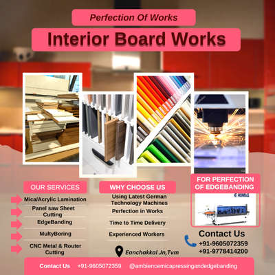 Interior ന് ആവിശ്യമായ എല്ലാ Board വർക്കുകളും ചെയ്ത് നൽകുന്നു ✨️MICA /ACRYLIC LAMINATION (PRESSING )✨️PANELSAW SHEET CUTTING ✨️EDGEBANDING ✨️MULTYBORING ✨️CNC METAL AND ROUTER CNC CUTTING ✨️WOOD CARVING എന്നിവ ചെയ്ത് നൽകുന്നു. കൂടുതൽ വിവരങ്ങൾക്ക് വിളിക്കൂ +91-9605072359/+91-9778414200(CALLOR WTSAPP).
#InteriorDesigner #KitchenInterior #Architectural&Interior #HouseConstruction #constructionsite #interiorsinspiration #LUXURY_INTERIOR #interiorcontractor #interiorsmodernhomes #Architect #architecturedesigns #Architectural&Interior #architecturekerala #Carpenter #carpenterwork #boardwork #interiores #LUXURY_INTERIOR #KitchenIdeas #bedroomset #masterbedroomdesinger #factoryfinished #factoryoutlate #eanchakkal #tvm #ambienceinteriors #ambiencecnc #ambienceservices #ambiencecnceanchakkal #morespaceinteriorconcepts #StaircaseDecors #cnc #Metalpartition #cnccutting #mica #micalaminations #panelsawsheetcutting #panelsaw #edgebanding #edgebandingforfurniture #furnitures #multyboring