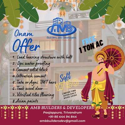 Build your DREAM Home with us.
This onam we give a special offer for our clients.
          
        💥ONAM OFFER💥

🏠Structure : Load bearing structure with belt
🏠Brick : Solid cement blocks
🏠Cement : Ultratech,Ramco, Sankar
🏠Steel : Tata ,Jsw, angi
🏠Wood : Front - Teak wood, All other doors & windows frame - Angali, Inside Doors & window shutter - Mahogany
🏠Flooring : Vitrified tiles
🏠Painting : Asian paints.

💥Basement: DPC water proofing will be available at free of cost.
💥1 TON ac free for this quote.

Limited time offer, offer ends this onam.
Only pre booking customers will get this offer.
Book soon.
For more details please contact us on
095444 94844 

WhatsApp us on https://wa.me/919544494844

 #HouseConstruction  #constructionsite 
 #HouseRenovation  #KitchenRenovation  #renovatehome  #SmallBudgetRenovation  #FloorPlans  #planningcommunity  #3DKitchenPlan  #ElevationHome  #ElevationDesign  #3D_ELEVATION  #ConstructionCompaniesInKerala