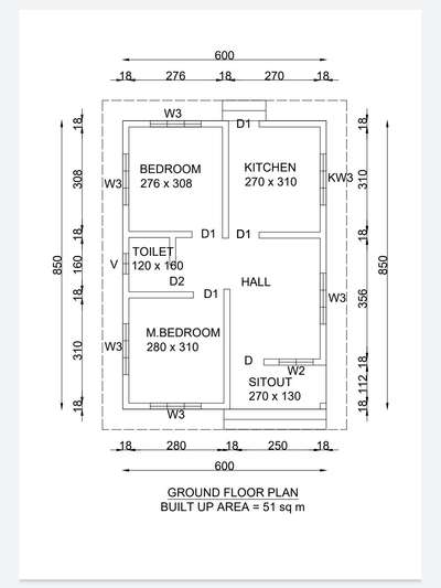 According to your requirements at affordable rates, 2D drawing is prepared for you. 
Contact me for more details : 9497051092
Plan shown details :
Plan under 600 sqft
2 bedroom with common toilet, kitchen, small hall, Sitout
#SingleFloorHouse #600sqft #vastuplan #2DPlans #2bedroom